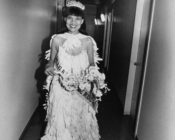 Mlle Bourgeoise Noire leaves the safety of home (New Museum performance, 1981). Mlle Bourgeoise Noire performance by Lorraine O'Grady.