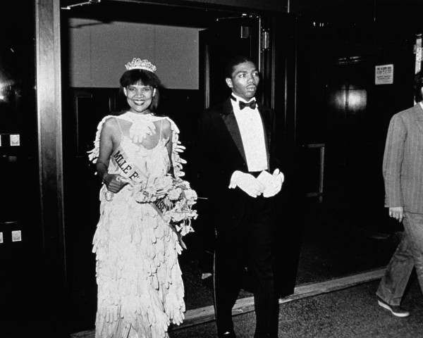 Mlle Bourgeoise Noire and her Master of Ceremonies enter the New Museum. Mlle Bourgeoise Noire performance by Lorraine O'Grady.