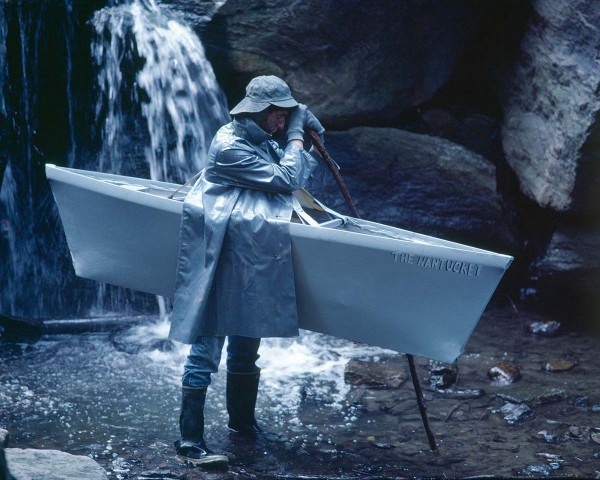 The Nantucket Memorial stands motionlessly in the stream, performance Rivers First Draft by Lorraine O’Grady.