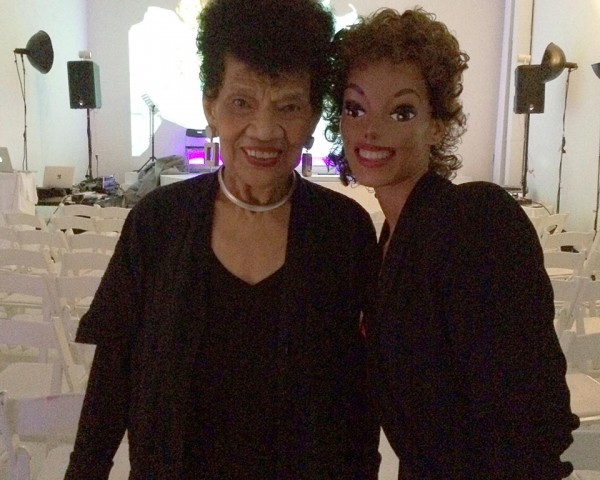 Lorraine O'Grady 2014, with Narcissister, after "Olympia's Maid" marathon reading for O'Grady's 80th Bday, The Hole, NYC.