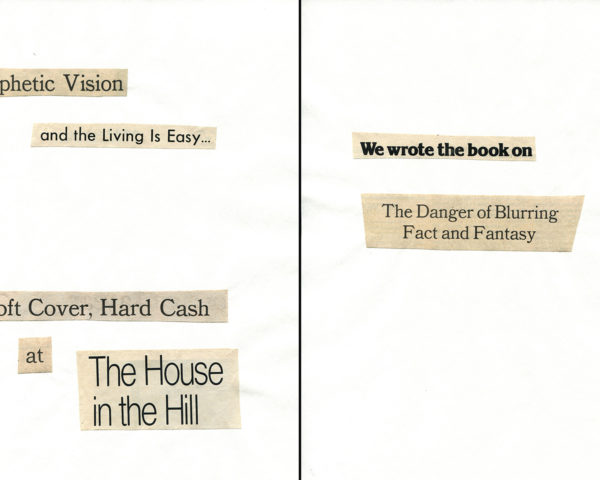 Haiku Diptych 1. Studio sketch. Two panels selected from Cutting Out the New York Times (CONYT), 1977, as model for new diptych in Cutting Out CONYT, 1977/2017. Original newsprint cut-outs collaged on rag bond paper by conceptual artist Lorraine O’Grady.