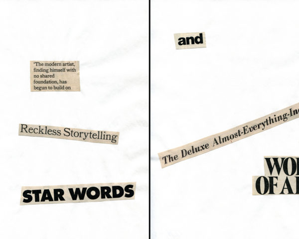 Haiku Diptych 3. Studio sketch. Two panels selected from Cutting Out the New York Times (CONYT), 1977, as model for new diptych in Cutting Out CONYT, 1977/2017. Original newsprint cut-outs collaged on rag bond paper by conceptual artist Lorraine O’Grady.