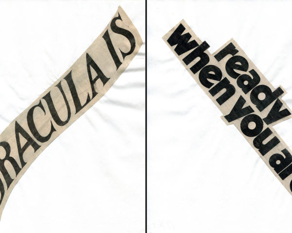 Haiku Diptych 4. Studio sketch. Two panels selected from Cutting Out the New York Times (CONYT), 1977, as model for new diptych in Cutting Out CONYT, 1977/2017. Original newsprint cut-outs collaged on rag bond paper by conceptual artist Lorraine O’Grady.