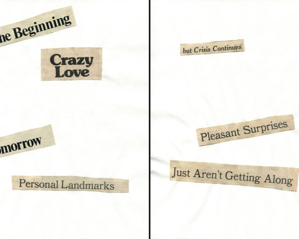 Haiku Diptych 5. Studio sketch. Two panels selected from Cutting Out the New York Times (CONYT), 1977, as model for new diptych in Cutting Out CONYT, 1977/2017. Original newsprint cut-outs collaged on rag bond paper by conceptual artist Lorraine O’Grady.