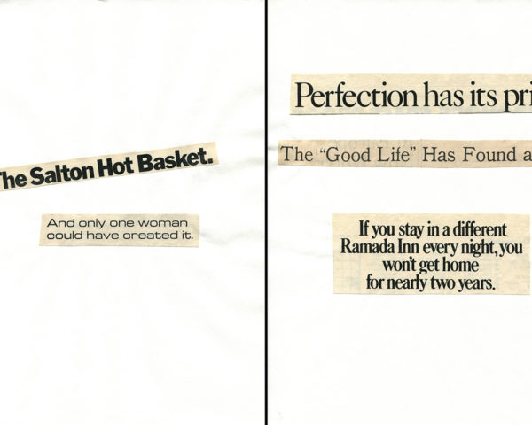 Haiku Diptych 6. Studio sketch. Two panels selected from Cutting Out the New York Times (CONYT), 1977, as model for new diptych in Cutting Out CONYT, 1977/2017. Original newsprint cut-outs collaged on rag bond paper by conceptual artist Lorraine O’Grady.