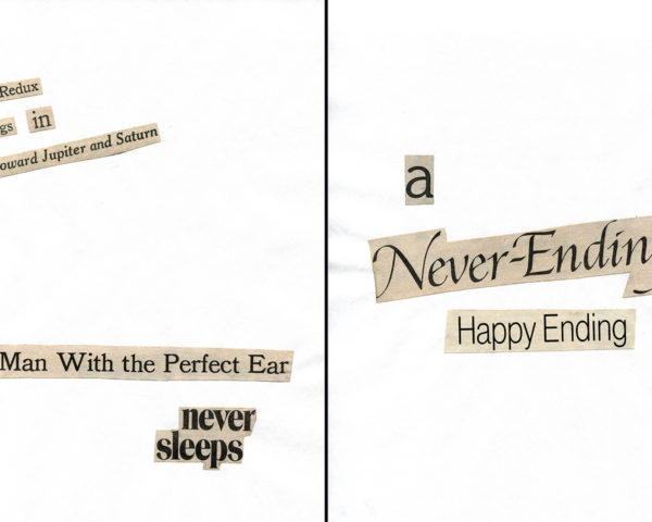 Haiku Diptych 8. Studio sketch. Two panels selected from Cutting Out the New York Times (CONYT), 1977, as model for new diptych in Cutting Out CONYT, 1977/2017. Original newsprint cut-outs collaged on rag bond paper by conceptual artist Lorraine O’Grady.