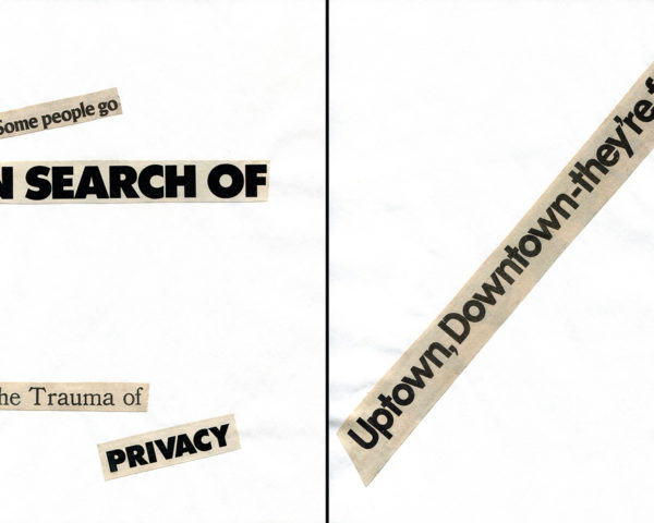 Haiku Diptych 9. Studio sketch. Two panels selected from Cutting Out the New York Times (CONYT), 1977, as model for new diptych in Cutting Out CONYT, 1977/2017. Original newsprint cut-outs collaged on rag bond paper by conceptual artist Lorraine O’Grady.