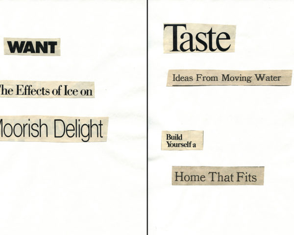 Haiku Diptych 11. Studio sketch. Two panels selected from Cutting Out the New York Times (CONYT), 1977, as model for new diptych in Cutting Out CONYT, 1977/2017. Original newsprint cut-outs collaged on rag bond paper by conceptual artist Lorraine O’Grady.
