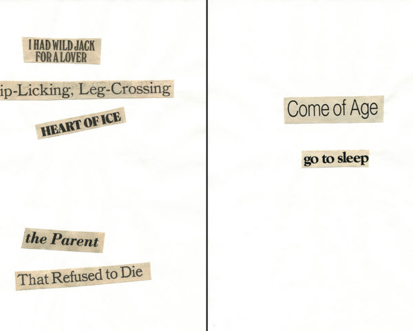 Haiku Diptych 13. Studio sketch. Two panels selected from Cutting Out the New York Times (CONYT), 1977, as model for new diptych in Cutting Out CONYT, 1977/2017. Original newsprint cut-outs collaged on rag bond paper by conceptual artist Lorraine O’Grady.