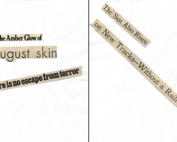 Haiku Diptych 15. Studio sketch. Two panels selected from Cutting Out the New York Times (CONYT), 1977, as model for new diptych in Cutting Out CONYT, 1977/2017. Original newsprint cut-outs collaged on rag bond paper by conceptual artist Lorraine O’Grady.