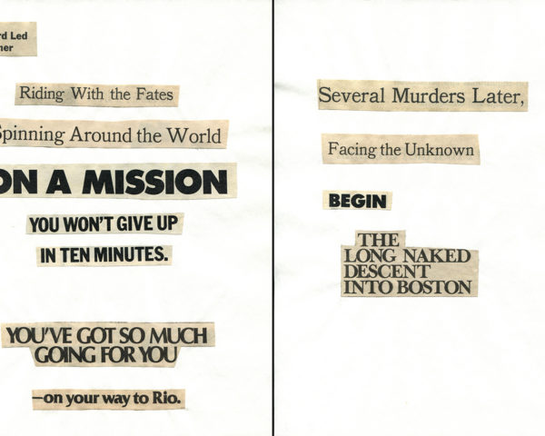 Haiku Diptych 17. Studio sketch. Two panels selected from Cutting Out the New York Times (CONYT), 1977, as model for new diptych in Cutting Out CONYT, 1977/2017. Original newsprint cut-outs collaged on rag bond paper by conceptual artist Lorraine O’Grady.