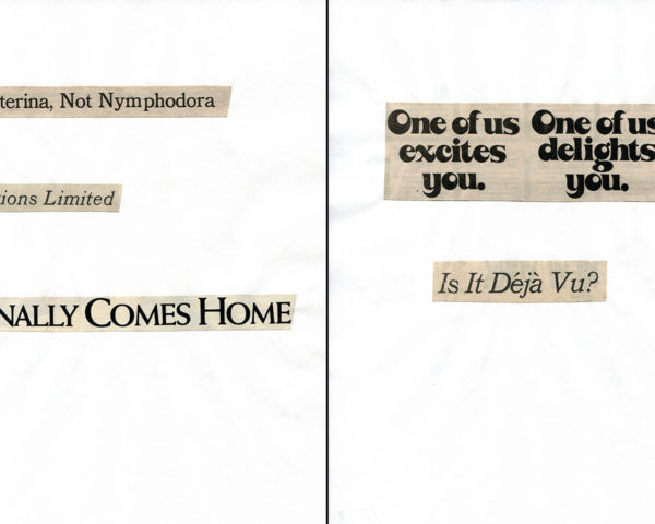 Haiku Diptych 18. Studio sketch. Two panels selected from Cutting Out the New York Times (CONYT), 1977, as model for new diptych in Cutting Out CONYT, 1977/2017. Original newsprint cut-outs collaged on rag bond paper by conceptual artist Lorraine O’Grady.