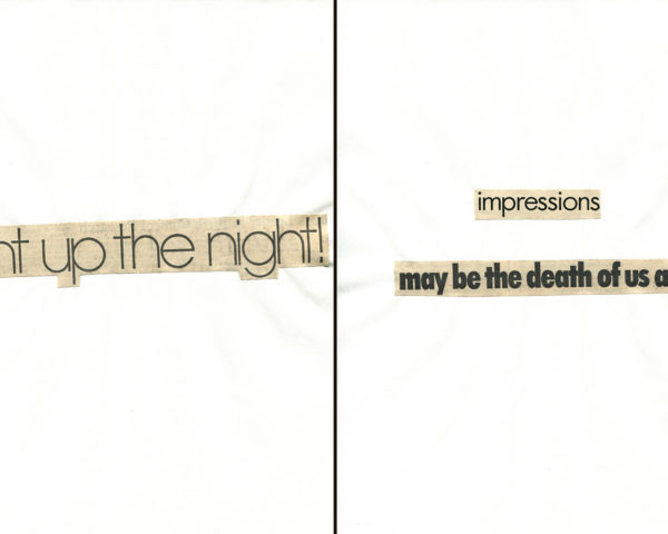 Haiku Diptych 22. Studio sketch. Two panels selected from Cutting Out the New York Times (CONYT), 1977, as model for new diptych in Cutting Out CONYT, 1977/2017. Original newsprint cut-outs collaged on rag bond paper by conceptual artist Lorraine O’Grady.